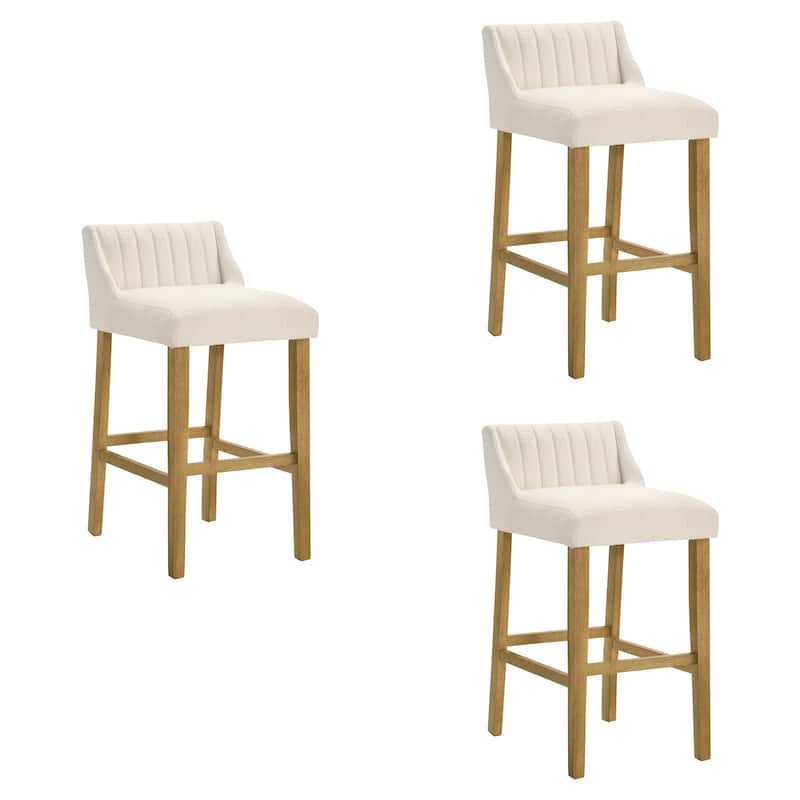 Fauna Low-Back Boucle Bar Stool, Upholstered Counter Height Kitchen Barstool with Wood Legs - Set of 3 - Amber Glow - Bar Height