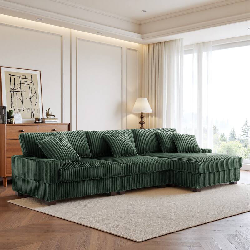 118.3" W Plush Corduroy Square Arm Upholstered Sectional Modular Sofa