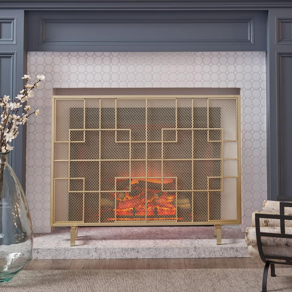 Contemporary Iron Fireplace Screen with Geometric Pattern