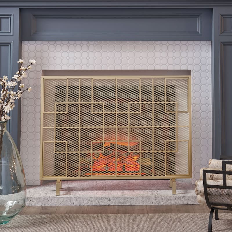 Contemporary Iron Fireplace Screen with Geometric Pattern - Gold