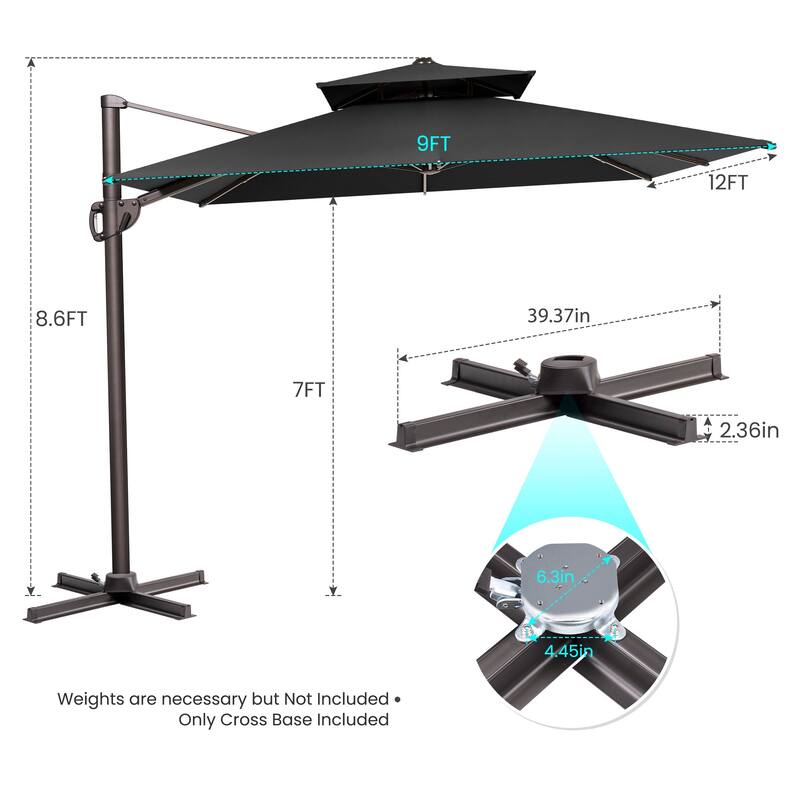 9 x 12 ft Double Top Patio Cantilever Umbrella with No Base, 360-degree Rotation