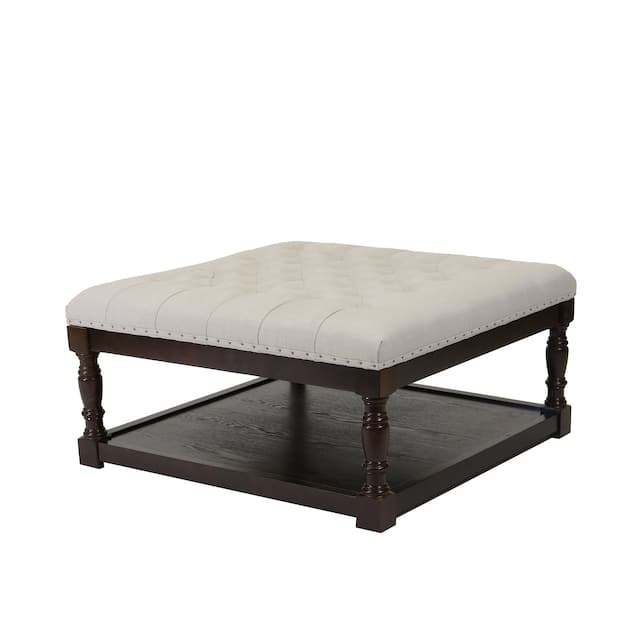 Cairona Tufted Textile 34-inch Shelved Ottoman Table - Cream Top/Brown Wood