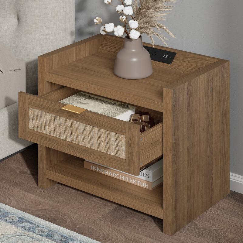 Farmhouse Nightstand with Charging Station and Drawers