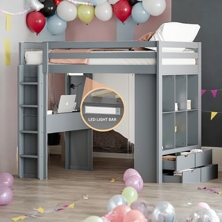 Twin Size Loft Bed With Large Shelves,Writing Desk and LED Light for Home