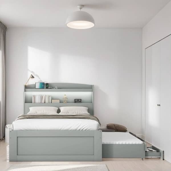 slide 2 of 18, Storage Twin Size Platform Bed with LED Headboard, Trundle and 2 Drawers Subdued Gray