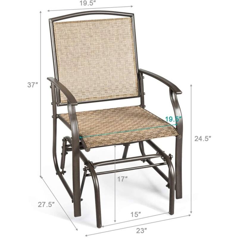 Brown Fabric Steel Glider Chair with Curved Armrests for Outdoor Use - 23" x 27.5" x 37" (L x W x H)