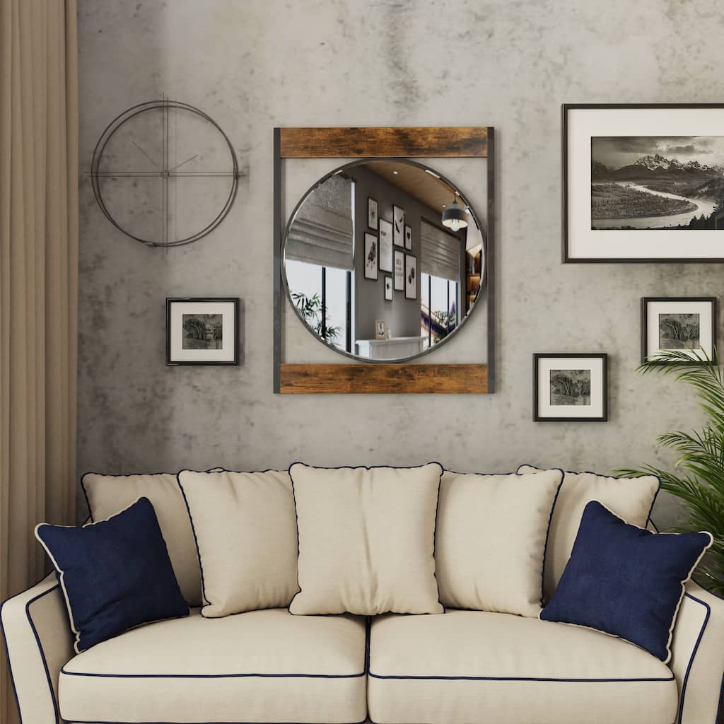 Wood Industrial Farmhouse Hanging Wall Mirror - 30"x25"