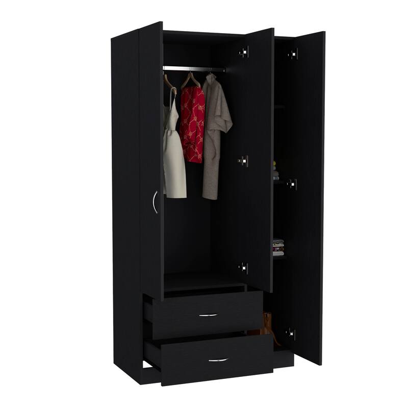 35.4" Modern Three-door Armoire with Two Drawers, Shelves and Hanging Rod