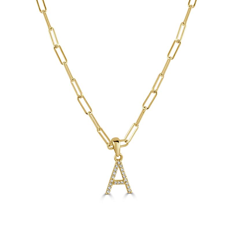 Joelle Collection Diamond Initial Letter Necklace Paperclip 14K Gold 16-inch Chain 1/10 TDW Necklace