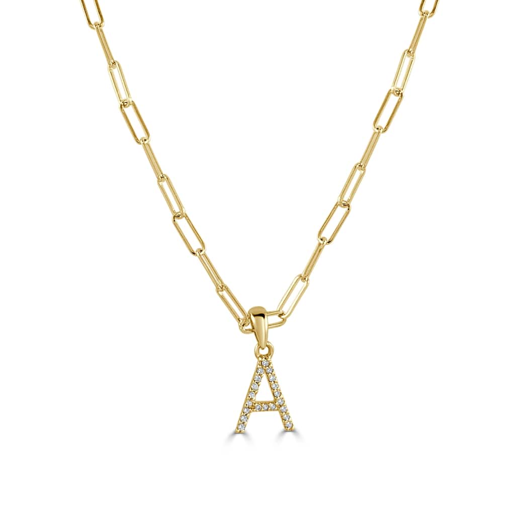 Joelle Collection Diamond Initial Letter Necklace Paperclip 14K Gold 16-inch Chain 1/10 TDW Necklace