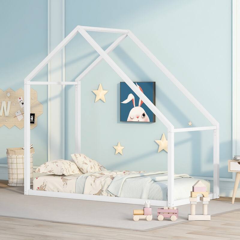 Metal House Bed Frame for Kids, Twin Size with Open Design and Durable Metal Construction - White