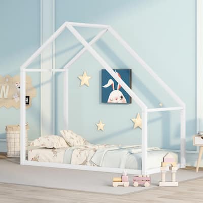 Metal House Bed for Kids Open Design, Roof Canopy, Twin Size
