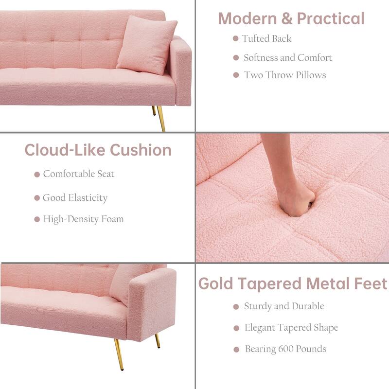 71" Modern Teddy Velvet Sofa Bed Folding Couch with Two Throw Pillows for Living Room