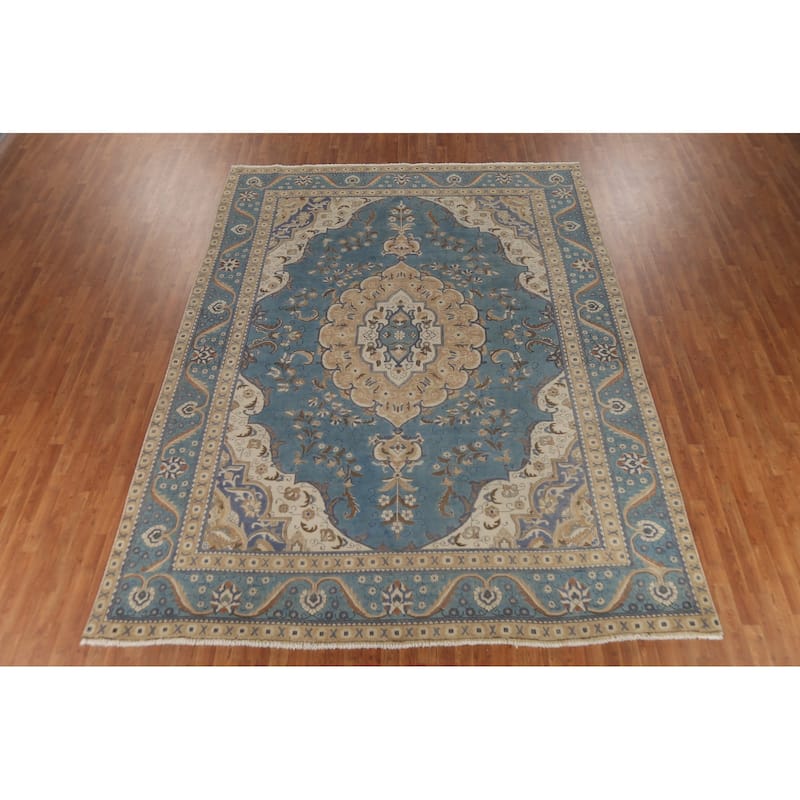 Light Blue Tabriz Persian Vintage Area Rug Hand-Knotted Wool Carpet - 9'7"x 12'6"