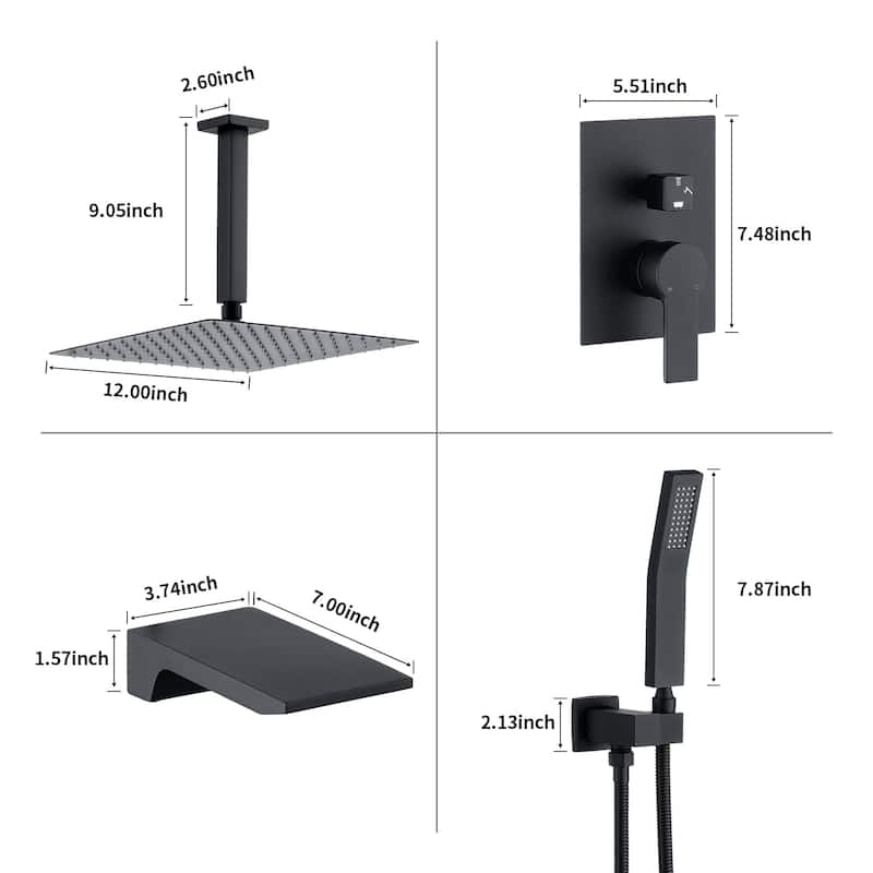 12 Inch Shower System With Waterfall Tub Spout and Handheld Sprayer Rain Ceiling Mount Tub Shower Faucet Set With Rough-in Valve