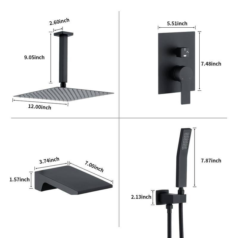 12 Inch Shower System With Waterfall Tub Spout and Handheld Sprayer