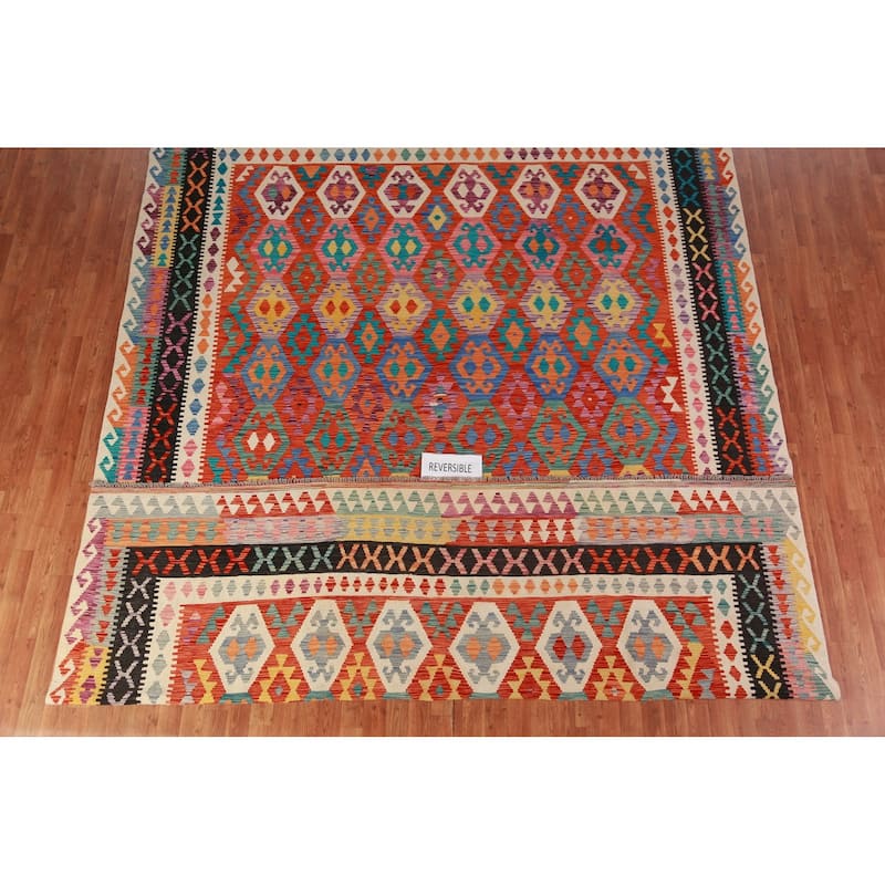 Kilim Oriental Area Rug Hand-Woven Geometric Bedroom Wool Carpet - 9'7"x 13'1"