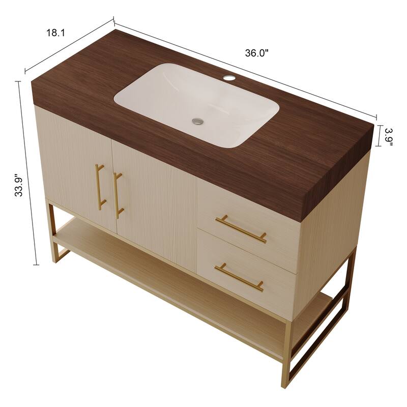 36" Modern Bathroom Vanity with Seamless Ceramic Sink & Gold Accent Free Standing Cabinet
