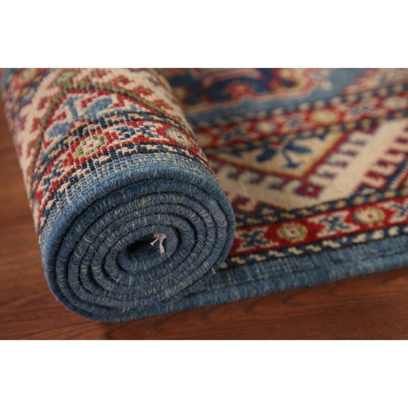 Blue Geometric Kazak Runner Rug Hand-Knotted Wool Carpet - 2'9" x 11'3"