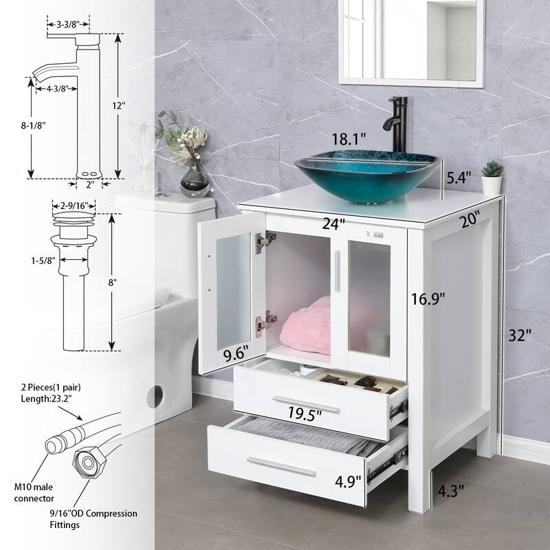 24" Bathroom Vanity White Set Glass/ Ceramic Vessel Sink Cabinet Faucet Drain Free Standing Combo