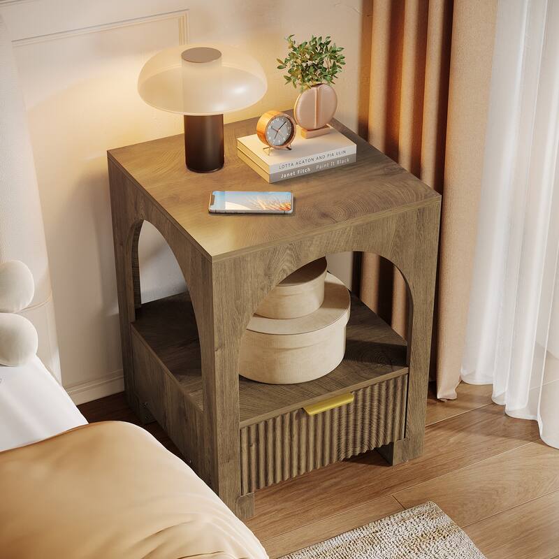Nightstand with Drawer, 2-Tier Wood Farmhouse Night Stand