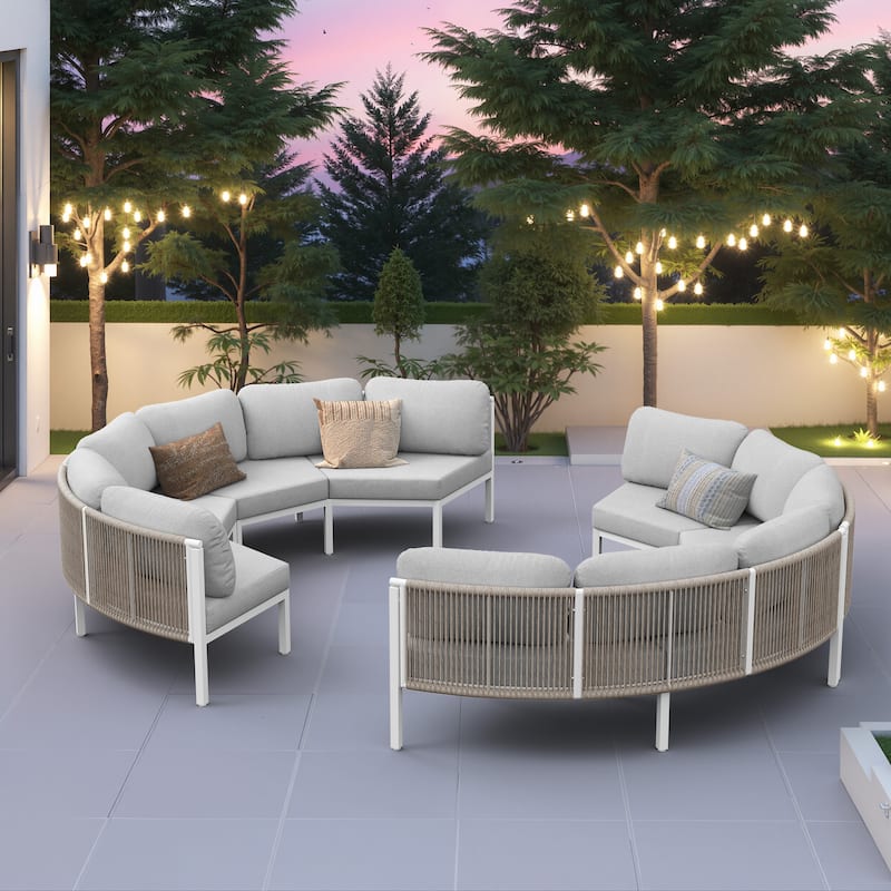 Outdoor Patio Furniture PE Rattan Wicker Half Round Curved Sofa Sectional Set - Light Grey - 8PC