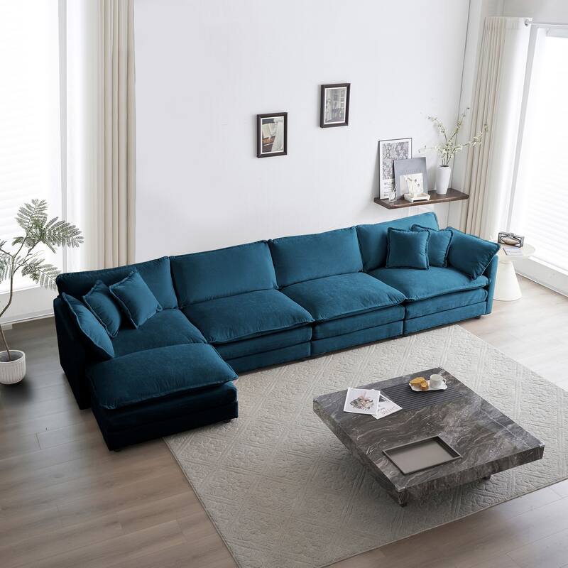 Modular L-Shaped Sectional Sofa, 5-Seater Chenille Upholstered Convertible Couch with 1 Ottoman