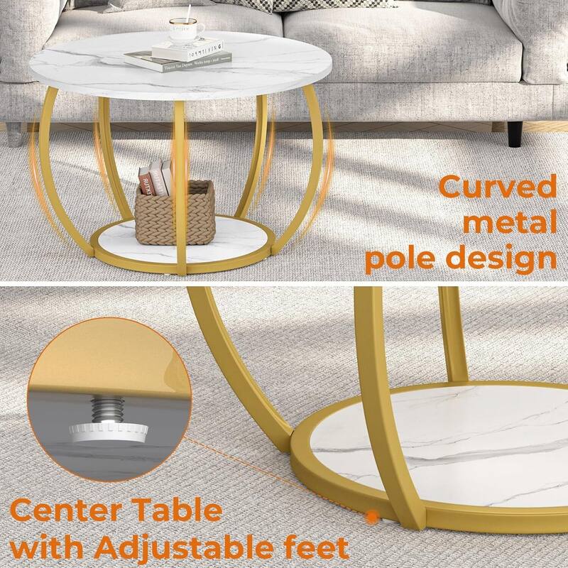 Round Farmhouse Coffee Table w/Storage & Adj. Feet for Small Spaces