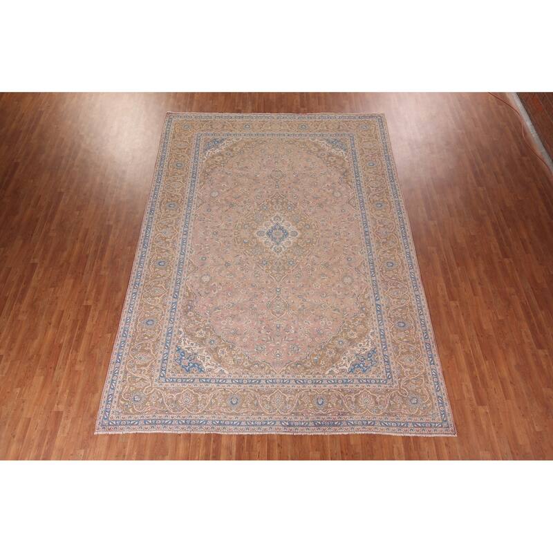 Pink Mashad Persian Vintage Area Rug Hand-Knotted Wool Carpet - 9'7"x 13'4"