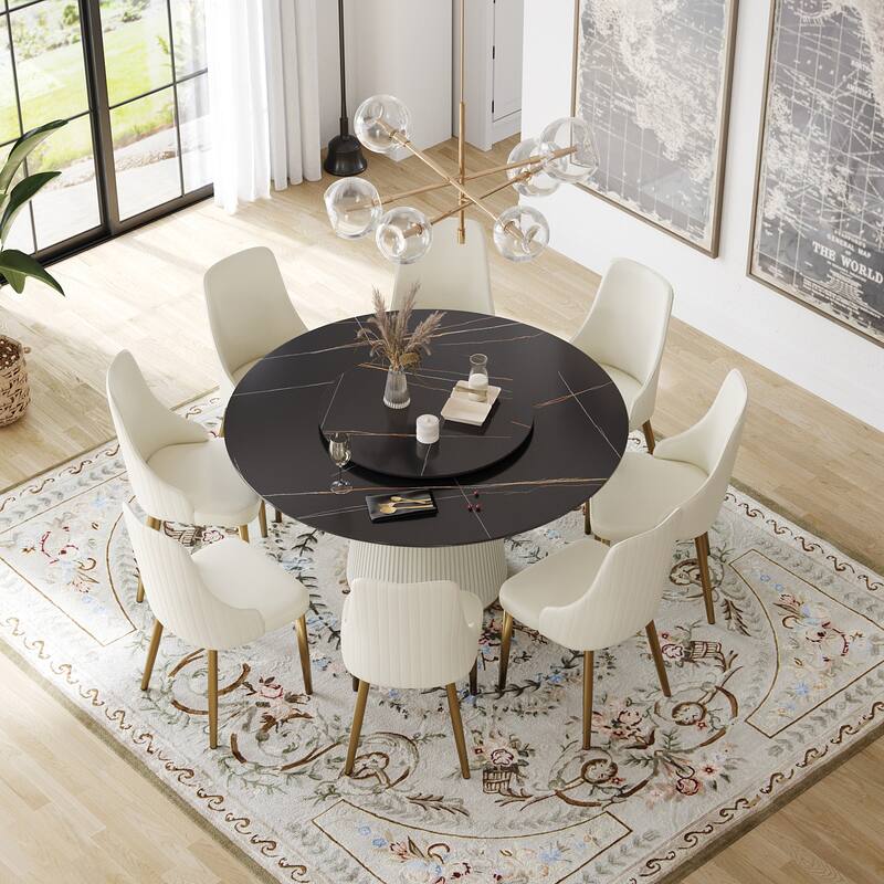 59'' Modern Round Dining Table for 8, Black Sintered Stone Tabletop with Lazy Susan - Black&Black Lazy Susan