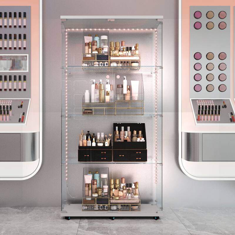 Tempered glass display cabinet, storage cabinet,file cabinet,with Bluetooth LED light strip,lock on the door,equipped with cast