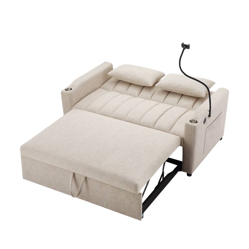 55.9" Convertible Sofa Bed Loveseat Sofa with Three USB Ports, Two Side Pockets, Two Cup Holders and 360°Swivel Phone Holder