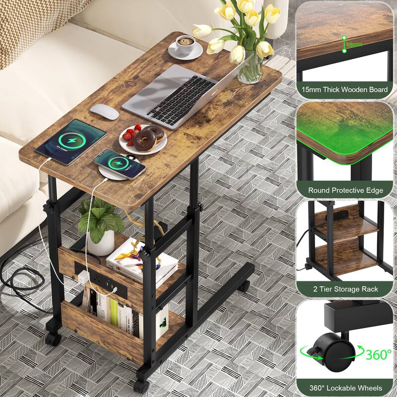 Rollway C-Shaped End Table with Charging Station, Rolling Mobile Laptop Side Table with Wheels