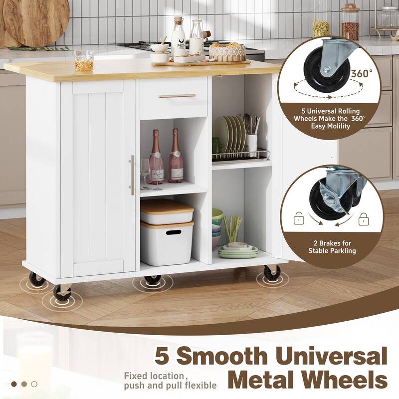 Rolling Kitchen Island Cart with Open Shelf & Drop Countertop - N/A