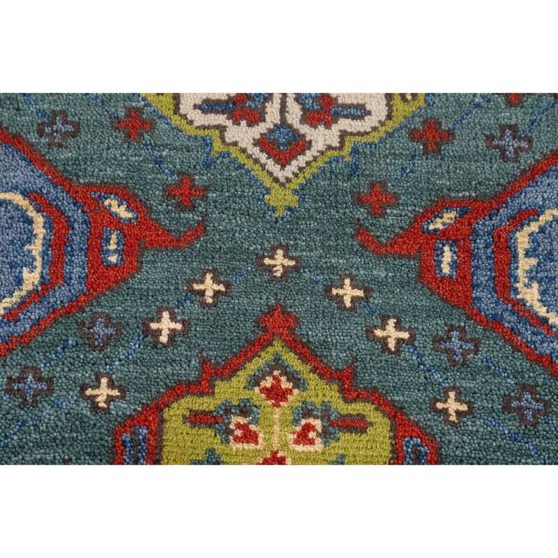 Green Geometric Kazak Oriental Runner Rug Hand-Knotted Wool Carpet - 2'6"x 9'10"