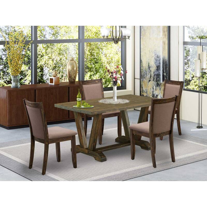 HomeStock 5-Piece Distressed Jacobean Finish Solid Wood Top Dining Table with 4-Parson Chair
