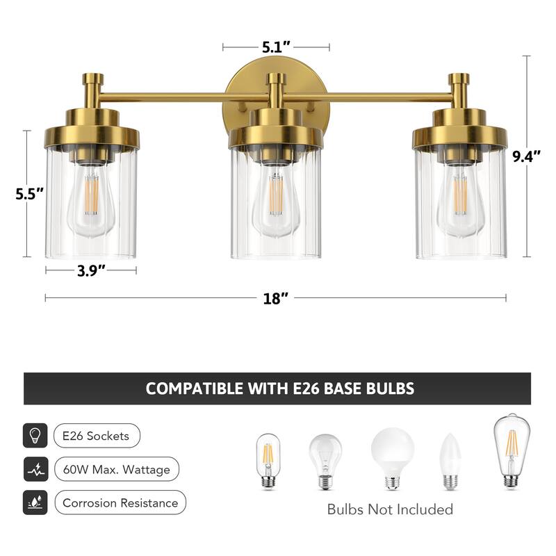 Modern Dimmable Vanity Light with Clear Ribbed Glass Shades E26 Sockets