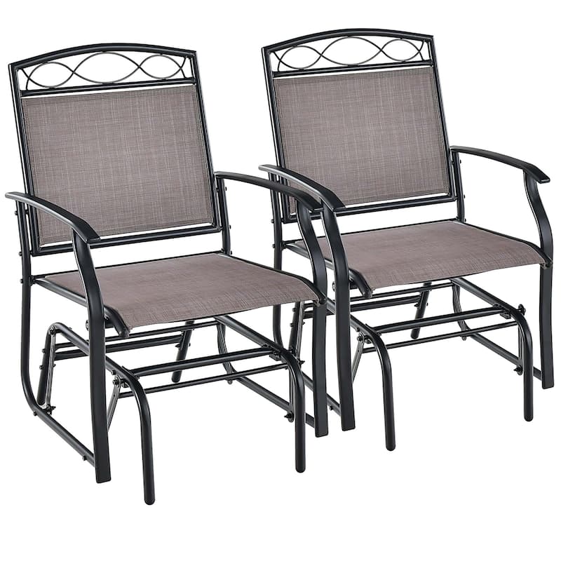 2PCS Patio Glider Set Single Rocking Chair Heavy-Duty Metal Frame - Brown + Black