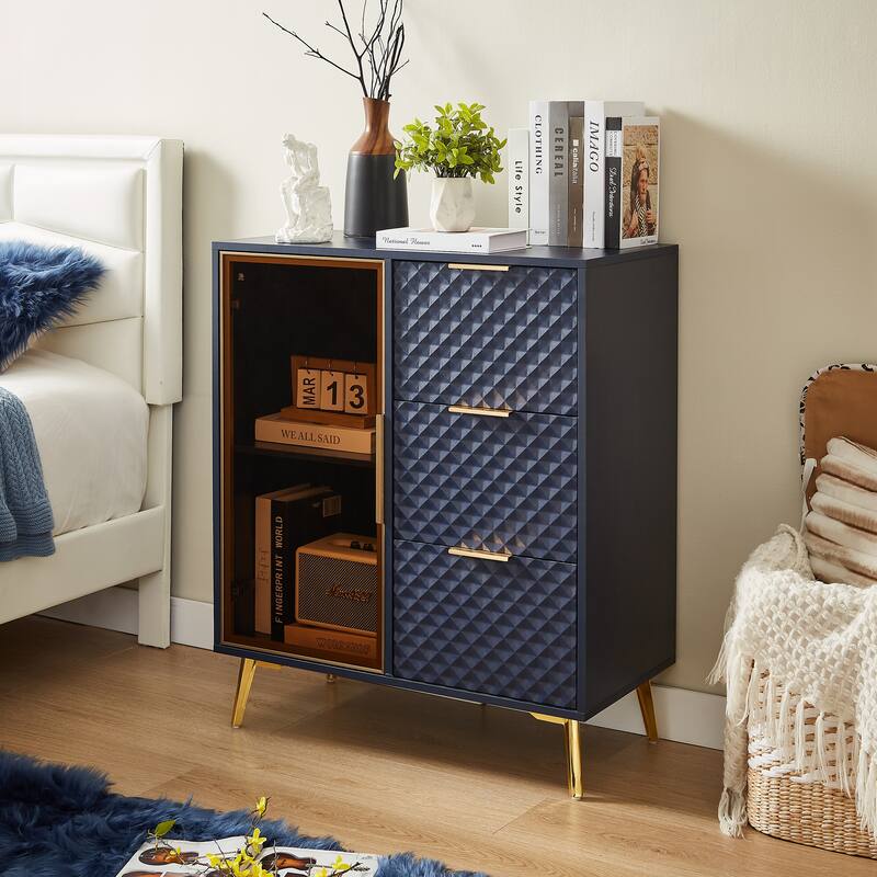 Sofa Side Cabinet File Cabinet Display Cabinet with 3 Drawers, Nightstand Storage Cabinet Bedside Cabinet with 2 Shelves - Dark Blue