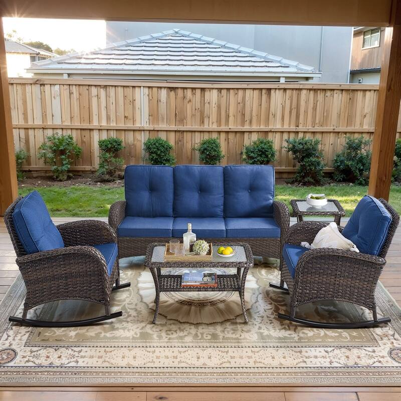 Gymojoy Outdoor Wicker Patio Furniture Sofa Set - Luxurious Comfort, Weather-Resistant - 5-Piece - Sofa & Rocking Chairs - Brown Wicker / Blue Cusion