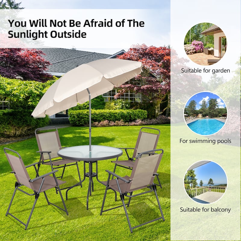 Futzca Folding Patio Dining Set, Garden Patio Furniture Set with Umbrella, Glass Table and 4 Folding Chairs