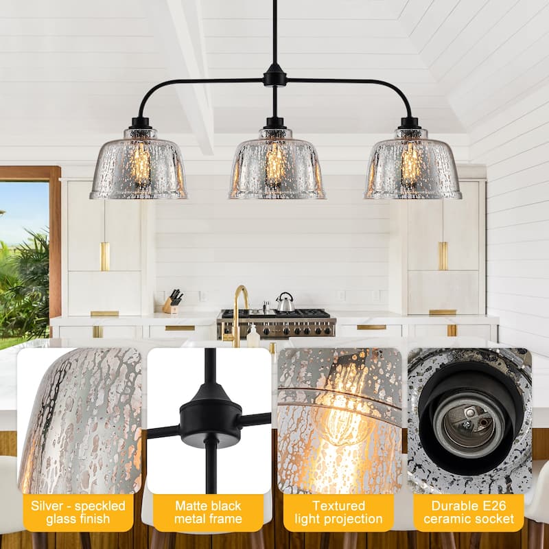 3-Light Bowl-Shaped Mercury Glass Linear Island Pendant Light - Dia.38.19-in