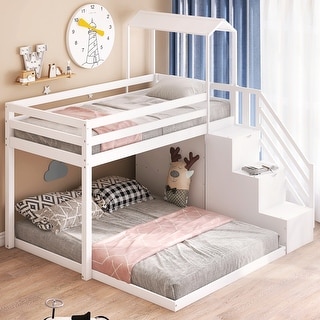 Twin Over Full House Roof Bunk Bed with Storage Staircase and Shelves ...