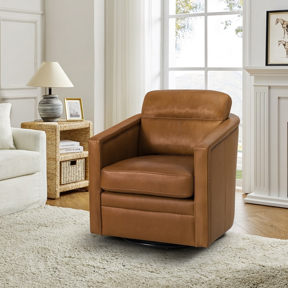 Jorge 28.74" Wide Traditional Genuine Leather Swivel Chair with Removable Seat Cushion and No Assembly Needed