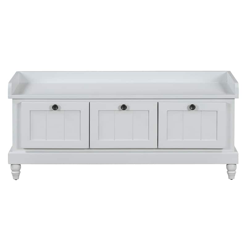 Roomfitters Classic Entryway Bench with Cushion, 3 Hidden Storage Spaces, Grooved Doors and Round Handles
