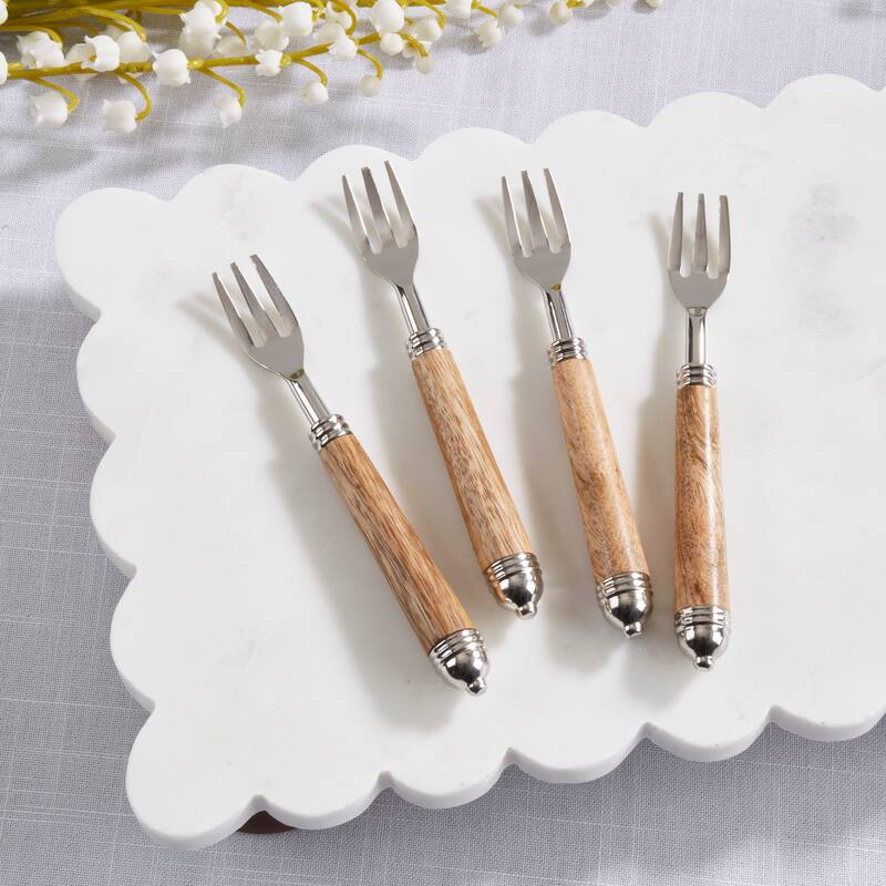 Mango Wood Handle Appetizer Forks (Set of 4) - Stainless Steel Cocktail & Snack Picks for Entertaining & Serving