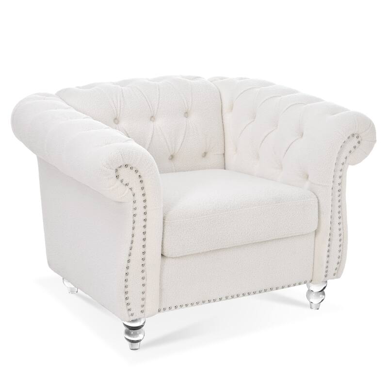 White Teddy Modern 38.98" Upholstered Buttons Tufted Accent Chair with Gourd Shaped Birch Legs and Nailheads
