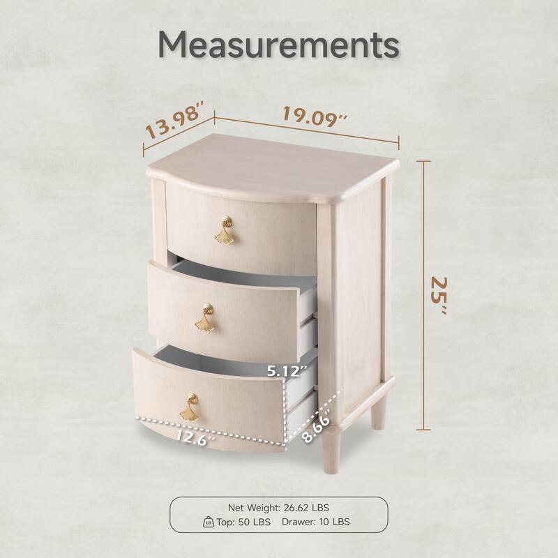 COZAYH Elegant 3-Drawer Nightstand with Gold Leaf Handles, Vintage Curved Front Design, Distressed Finish