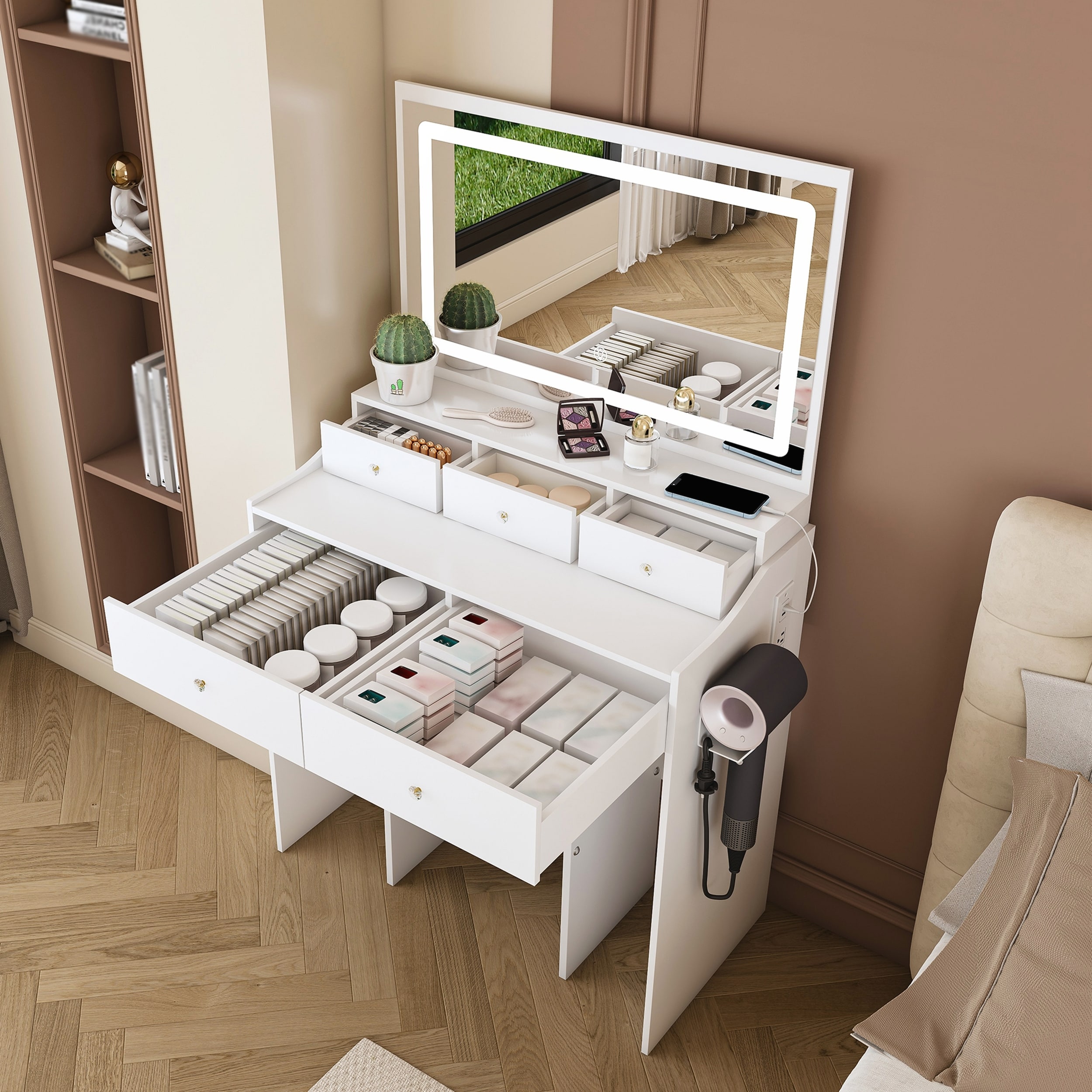 Modern Makeup Vanity Set with Large Mirror, Adjustable Lighting, Power Outlet, and Hair Dryer Holder