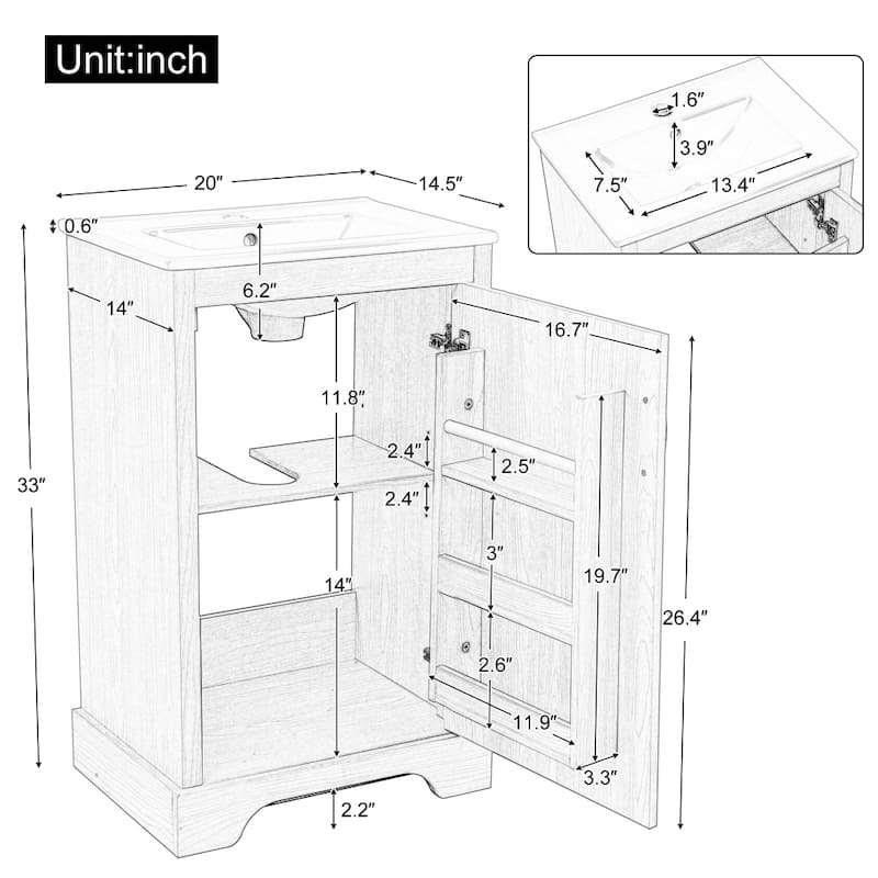 20" Natural Wood Bathroom Vanity Cabinet with Sink, Soft Closing Door and Adjustable Shelve